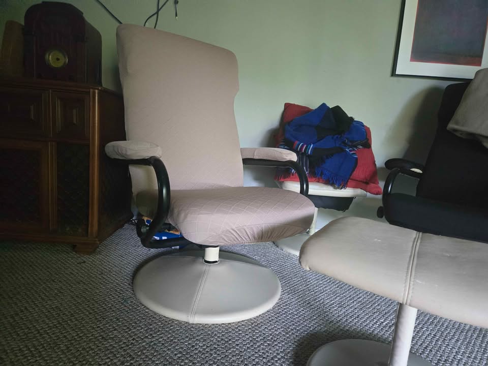 Scandinavian swival pedestal full recline chairs with ottoman